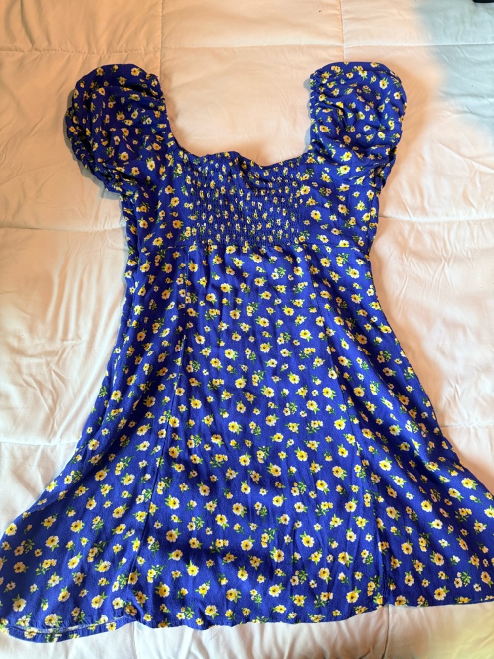 Forever 21 Blue Floral Puff-Sleeve Teen Dress with Yellow Flowers